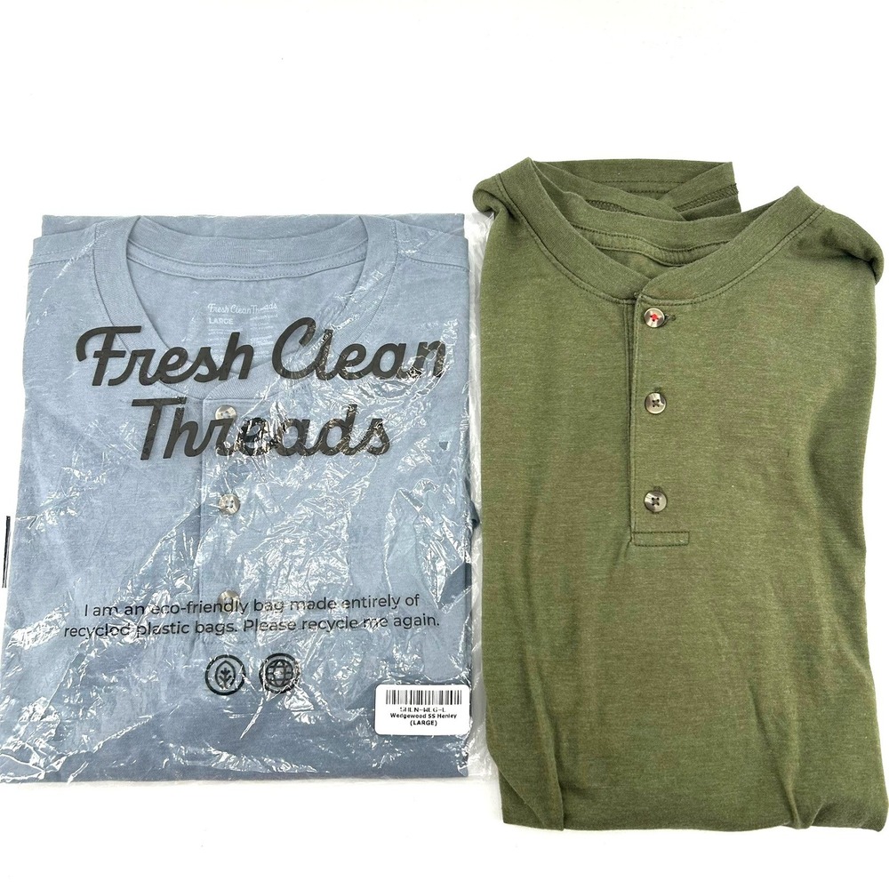 Fresh Clean Threads Mens Large Henley T-Shirt Lot 2 Wedgewood Blue Olive Green